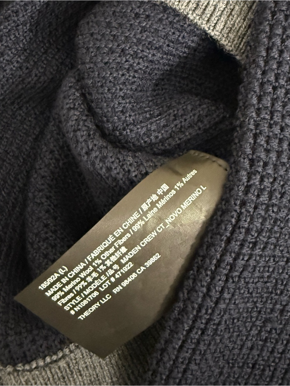 Theory Dark Navy Gray Crewneck Sweater Men’s Large NWOT - Picture 7 of 13